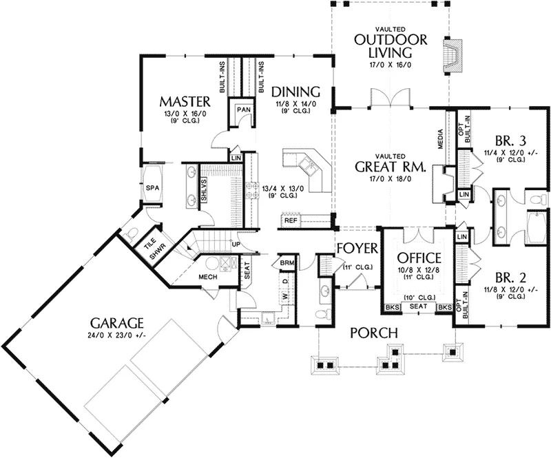 Shingle House Plan First Floor - Barbary Craftsman Home 011D-0346 - Search House Plans and More