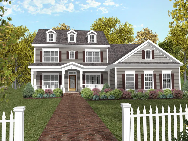 Two-Story Country Style Home With Covered Porch And Triple Dormers