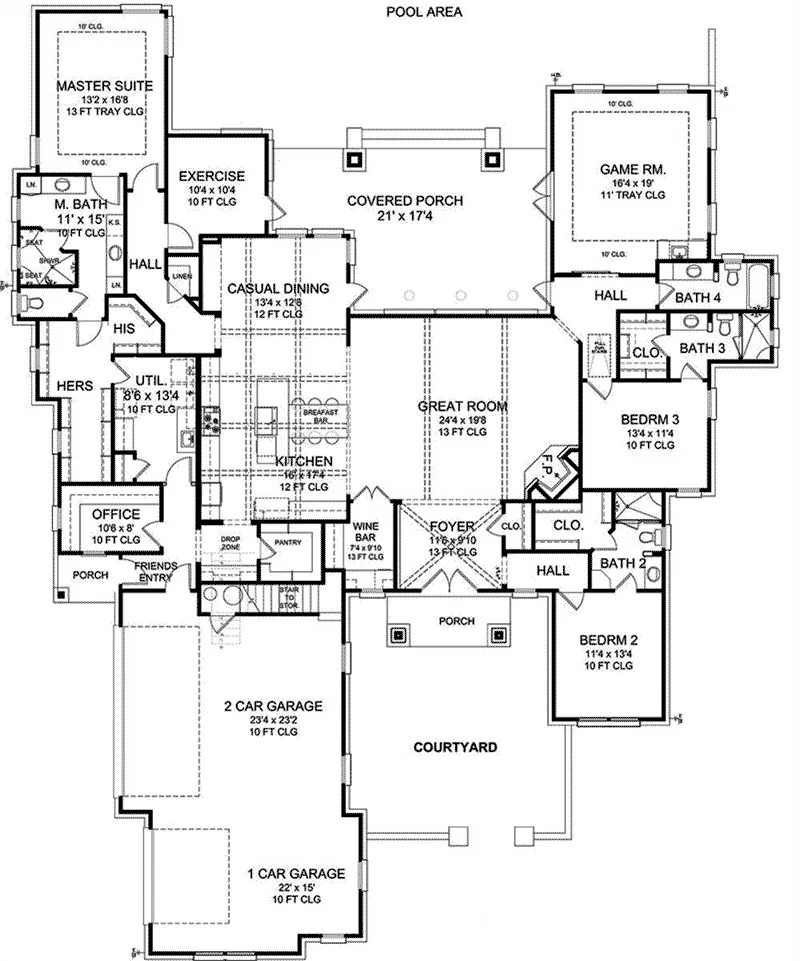 Luxury House Plan First Floor - Marbella Bay Luxury Ranch Home 019S-0004 - Shop House Plans and More
