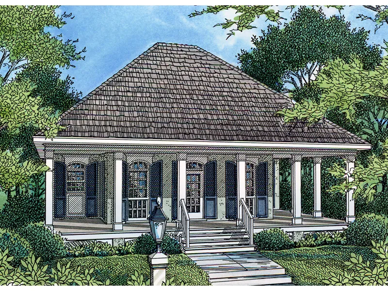 Lowcountry Style Home With Deep Covered Porch And Arched Windows
