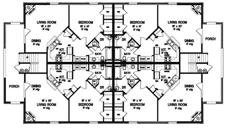 Traditional House Plan First Floor - Williams Traditional Eightplex 020D-0239 - Shop House Plans and More