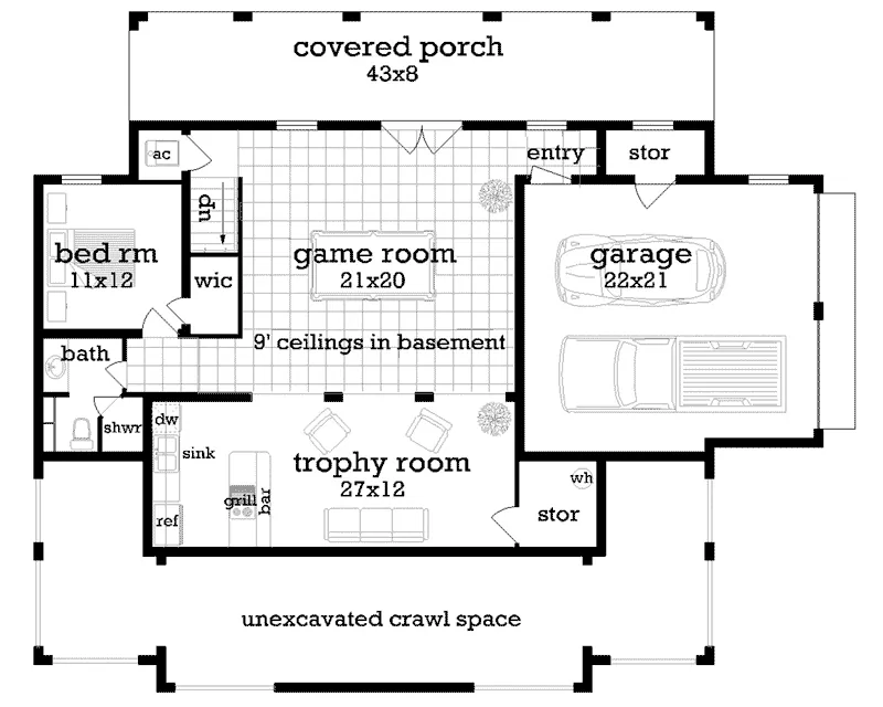 Florida House Plan Basement Floor - Belmont Lane Modern Farmhouse 020D-0386 - Search House Plans and More