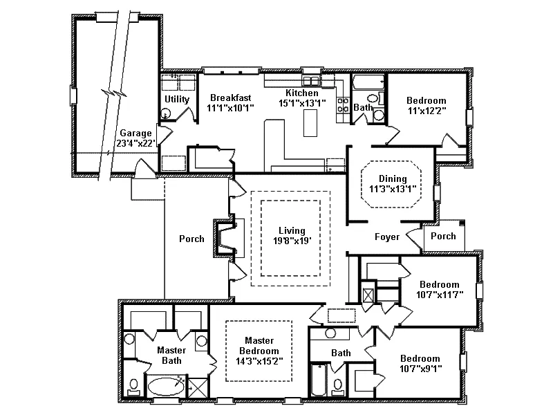 Ranch House Plan First Floor - Hickory Valley Ranch Home 024D-0493 - Search House Plans and More