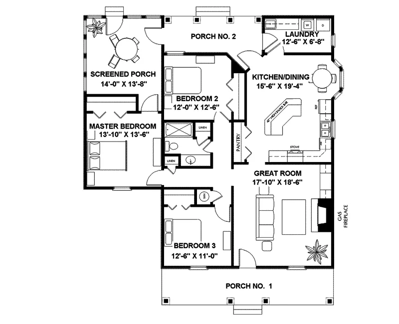 Traditional House Plan First Floor - Cookpine Country Cabin Home 028D-0024 - Search House Plans and More