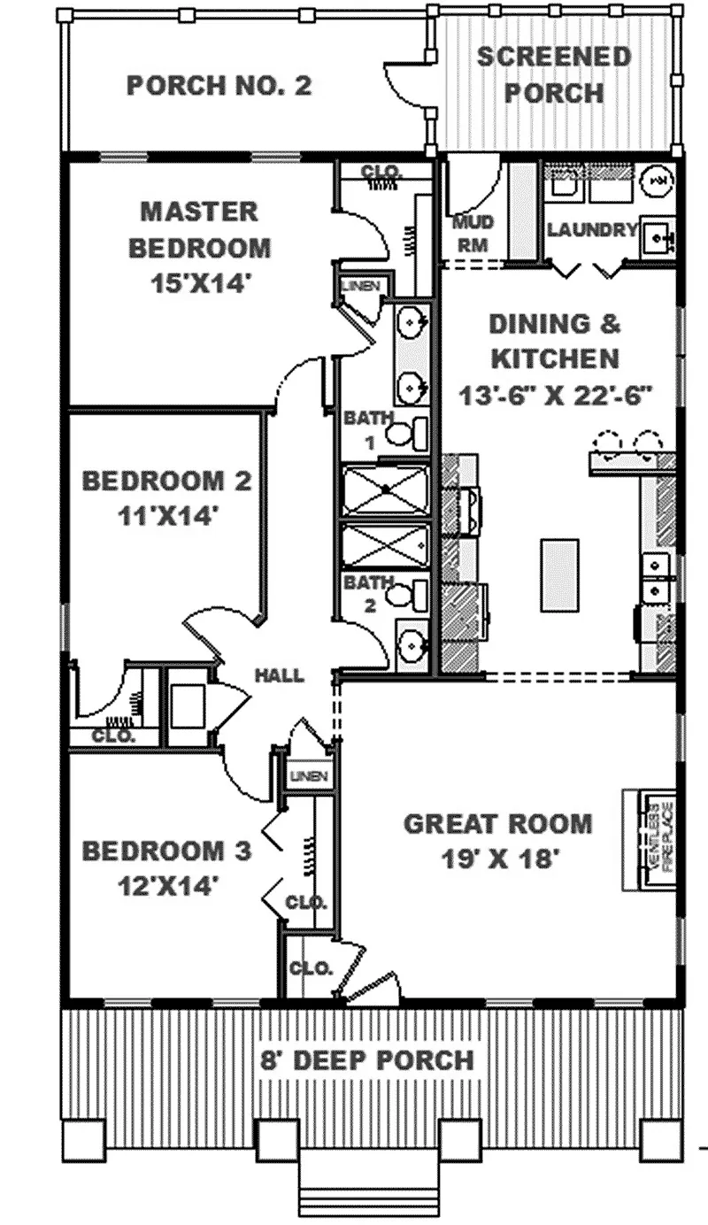 Ranch House Plan First Floor - Athena Hill Bungalow Home 028D-0093 - Search House Plans and More
