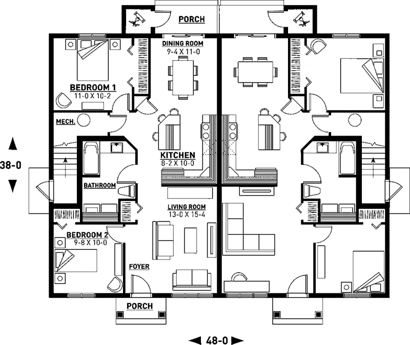 Multi-Family House Plan First Floor - Lehigh Multi-Family Fourplex 032D-0591 - Shop House Plans and More