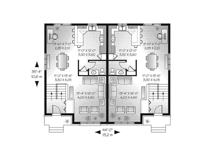 Multi-Family House Plan First Floor - Witherbee Duplex Home 032D-0717 - Shop House Plans and More