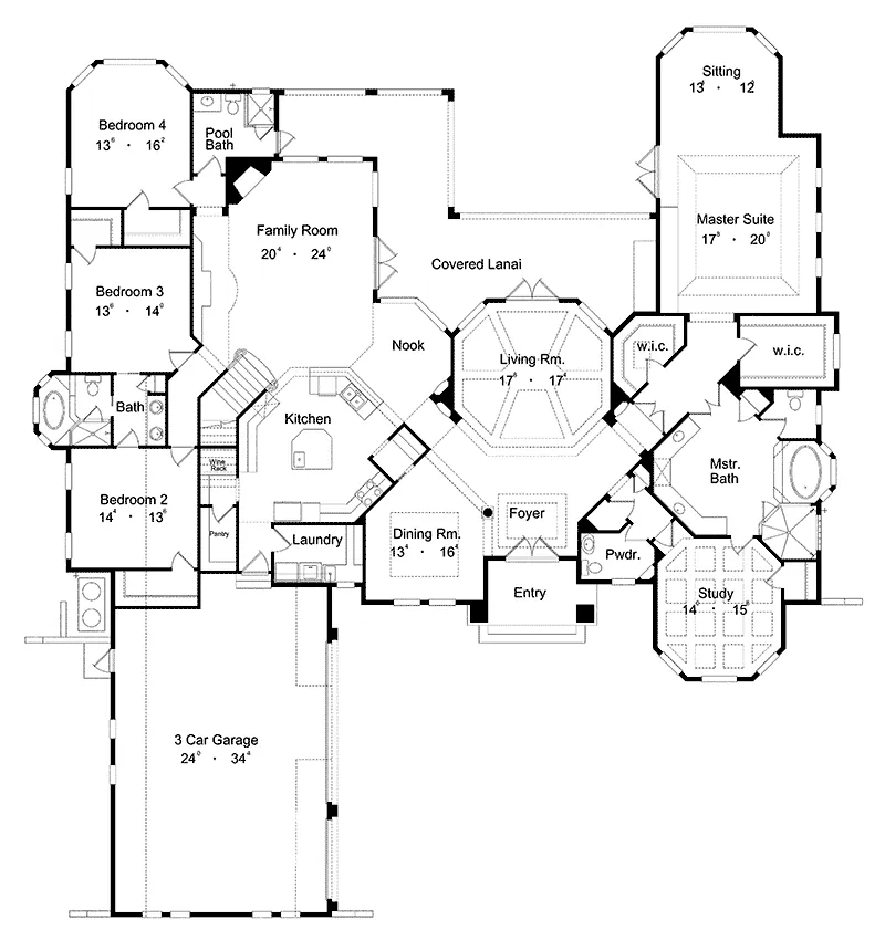 Contemporary House Plan First Floor - Clarke Hill Mediterranean Home 047D-0094 - Search House Plans and More