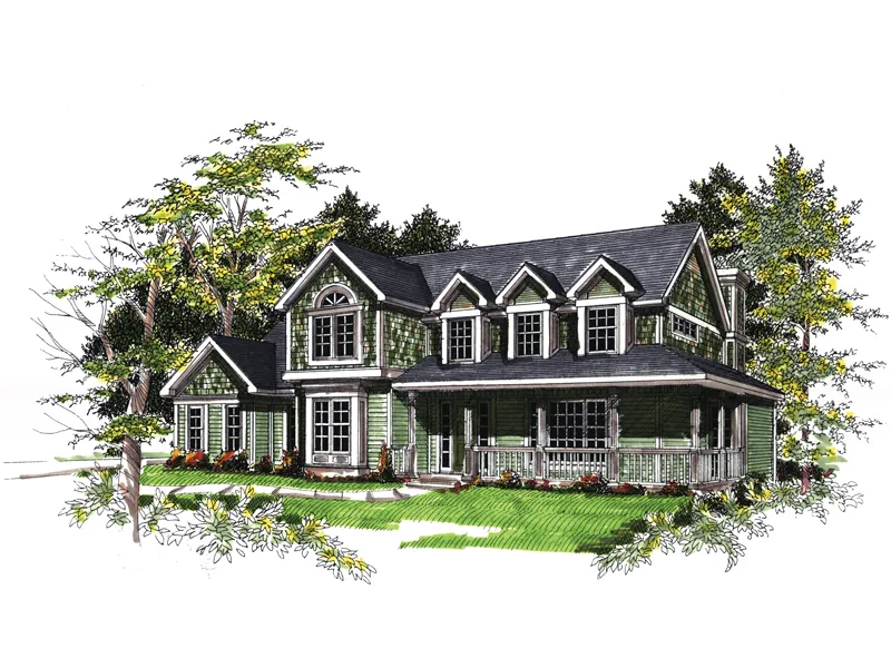 Shingle Sided Country Farmhouse Two-Story Home With Covered Porch