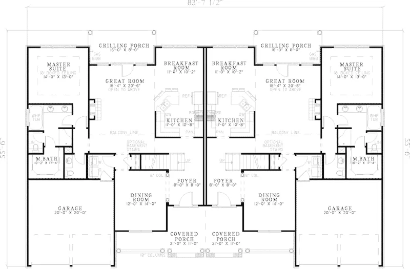 Multi-Family House Plan First Floor - Montevallo Shingle Duplex 055D-0402 - Shop House Plans and More