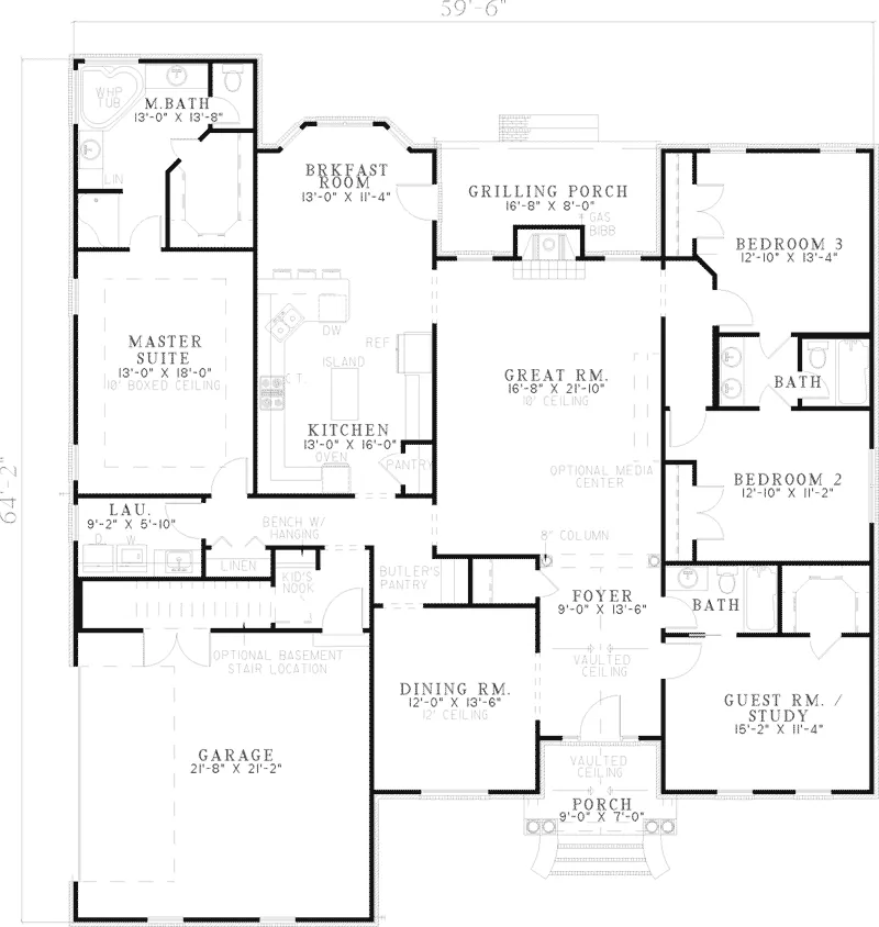 Ranch House Plan First Floor - Dresden Lake Ranch Home 055D-0594 - Search House Plans and More