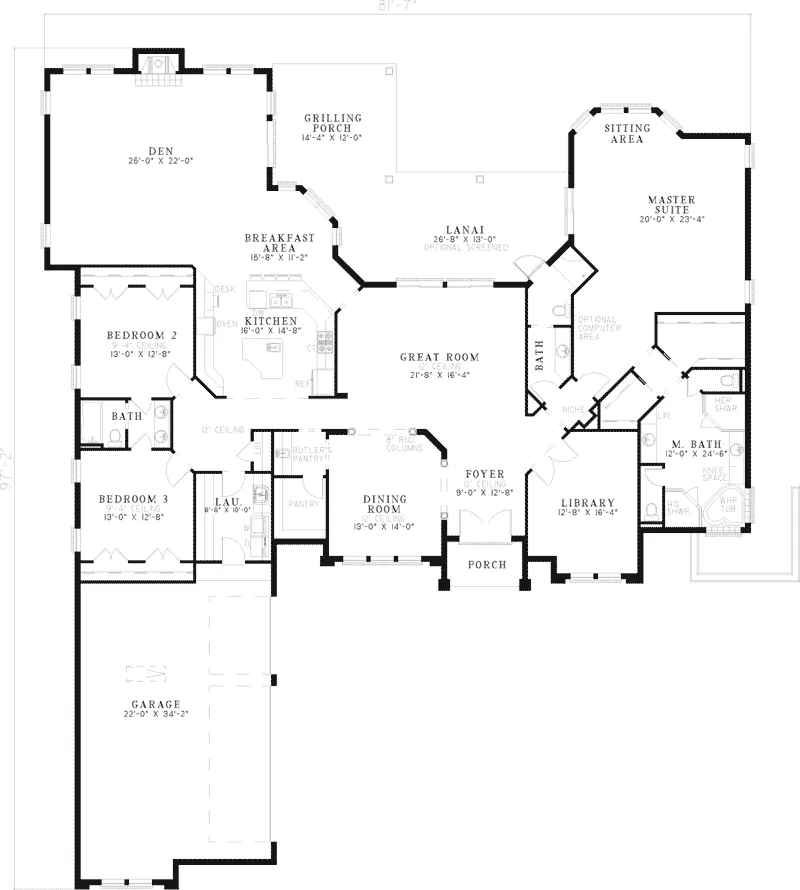 Southwestern House Plan First Floor - Maple Bridge Ranch Home 055S-0047 - Shop House Plans and More