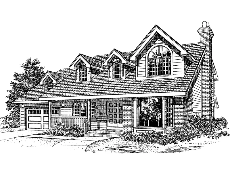 Country Style Two-Story Home With Large Dormer With Arched Window