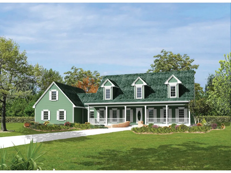Country Style House With Covered Front Porch And Triple Dormers