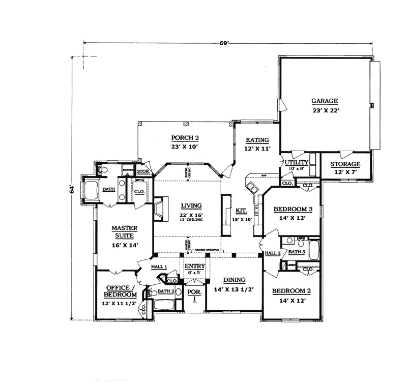 Sunbelt House Plan First Floor - Lilbourn Park Sunbelt Ranch Home 069D-0064 - Shop House Plans and More
