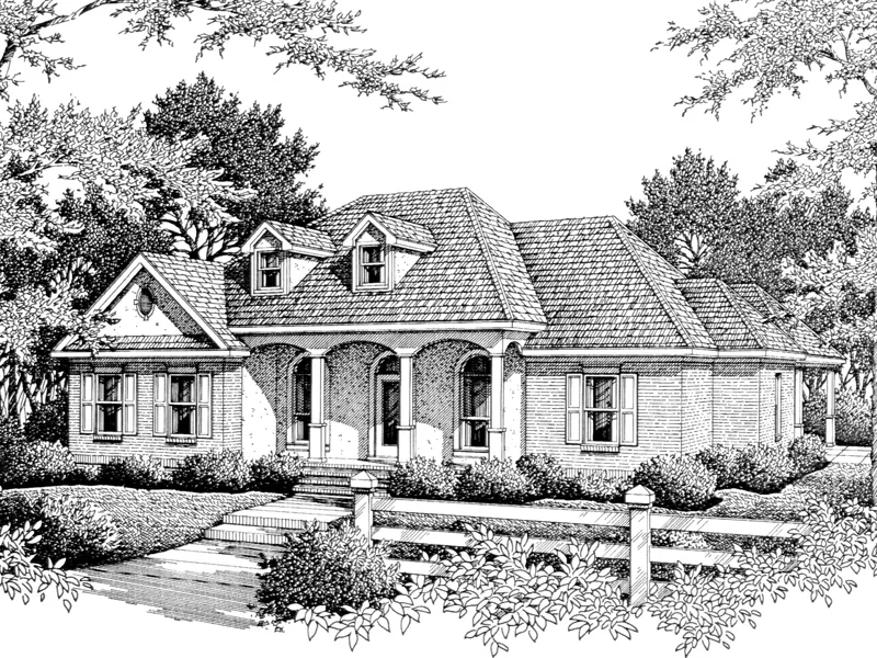 Country Ranch House With Series Of Arches Across The Front Porch