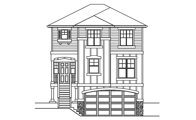 Tudor House Plan Front Elevation - Narrow House with Front Garage | Tall Narrow House Plan