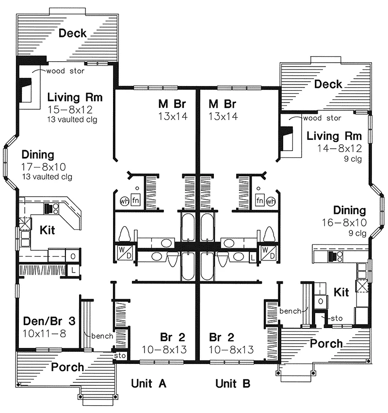 Shingle House Plan First Floor - Paramount Place Cottage Duplex 072D-0518 - Shop House Plans and More