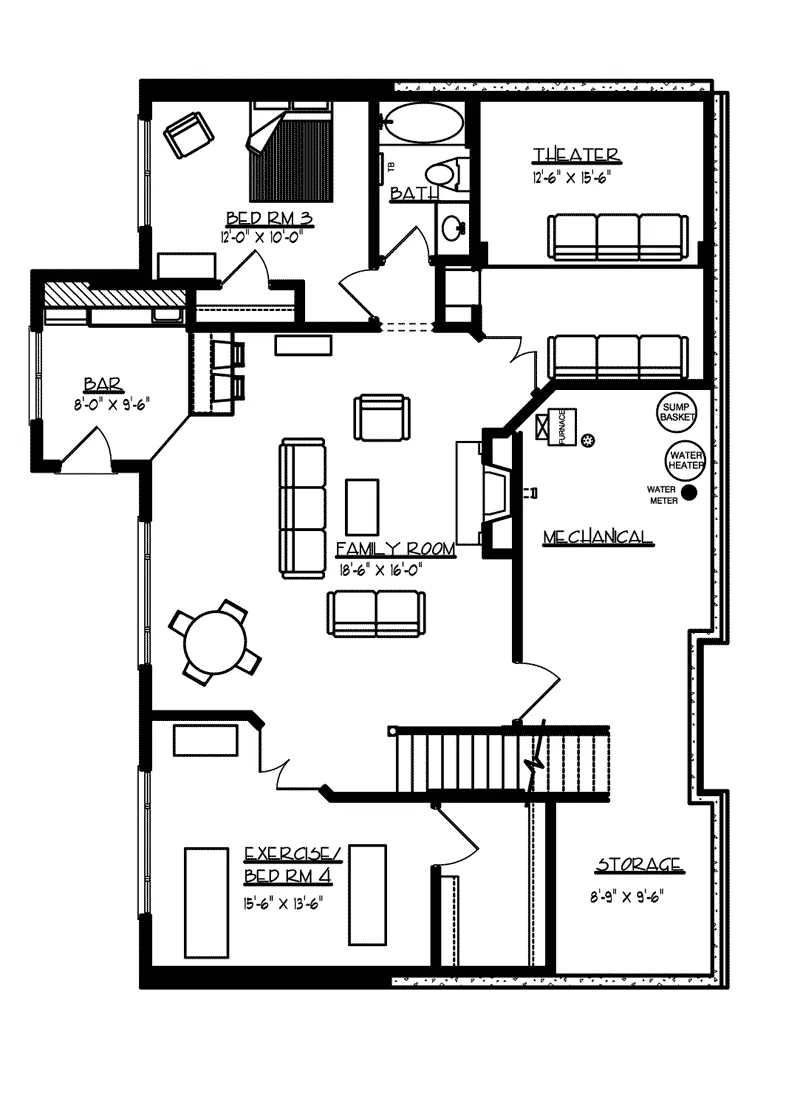 Ranch House Plan Lower Level Floor - Onesto Craftsman Home 072D-1111 - Shop House Plans and More
