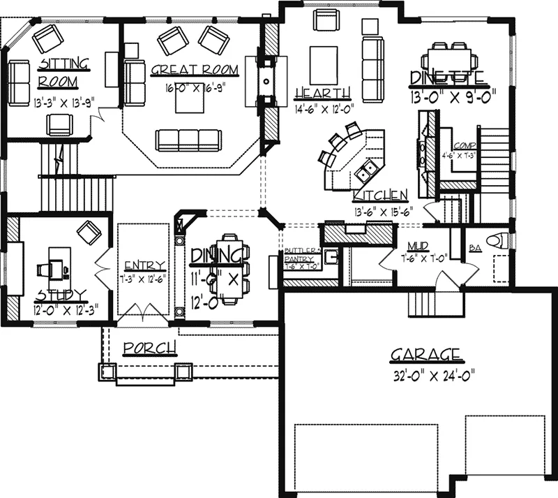 Craftsman House Plan First Floor - Edsel Arts And Crafts Home 072S-0003 - Search House Plans and More