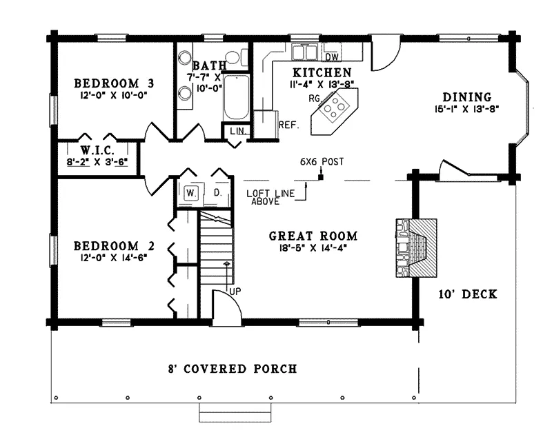Log House Plan First Floor - Hawk Inlet Acadian Log Home 073D-0022 - Search House Plans and More