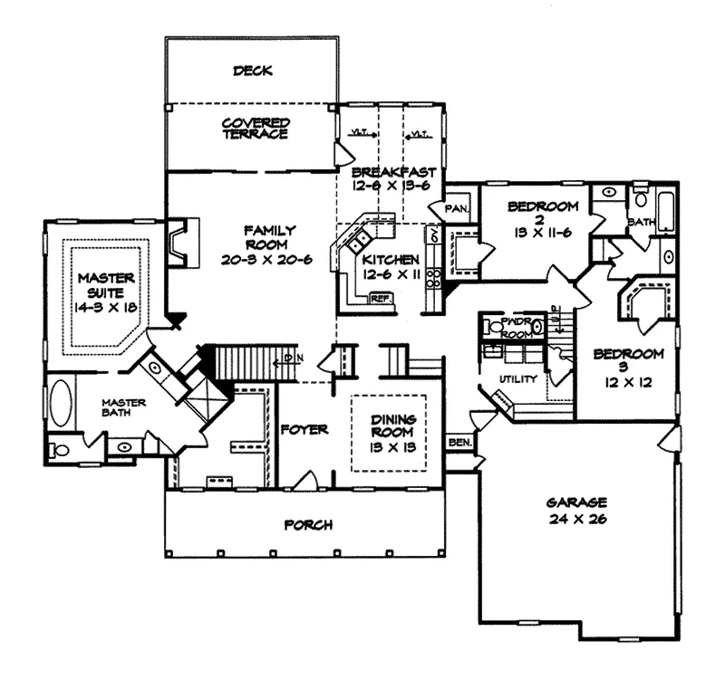 Ranch House Plan First Floor - Cave Hollow Country Home 076D-0135 - Search House Plans and More