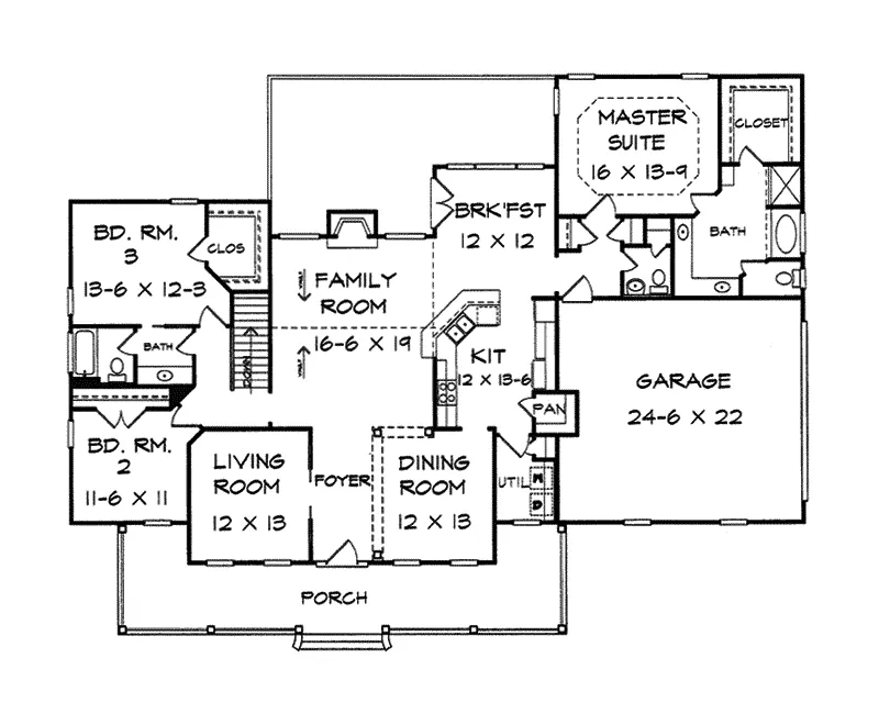 Ranch House Plan First Floor - Country Hollow Country Home 076D-0197 - Search House Plans and More