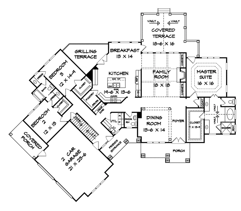 Arts & Crafts House Plan First Floor - Bradley Creek Rustic Home 076D-0210 - Search House Plans and More