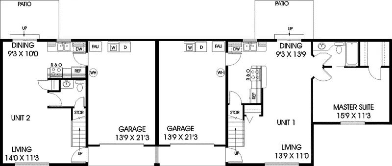 Multi-Family House Plan First Floor - Riviera Place Unique Duplex 085D-0723 - Shop House Plans and More