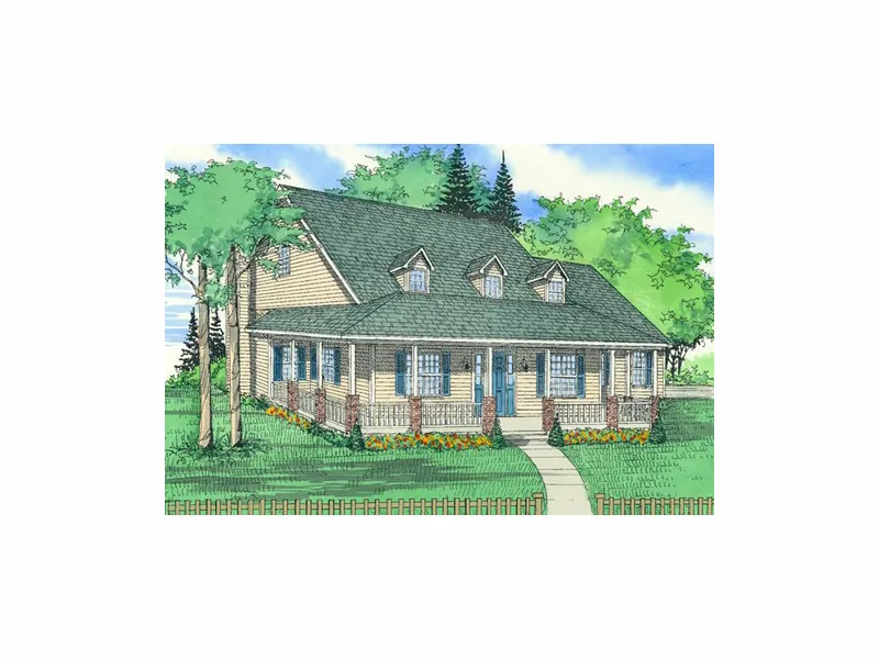 Country Style House Has Covered Front Porch And Triple Dormers