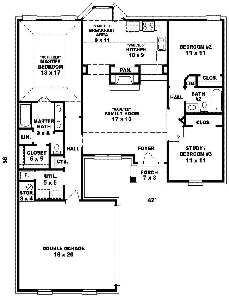 Southern House Plan First Floor - Eagle Terrace Ranch Home 087D-0075 - Search House Plans and More