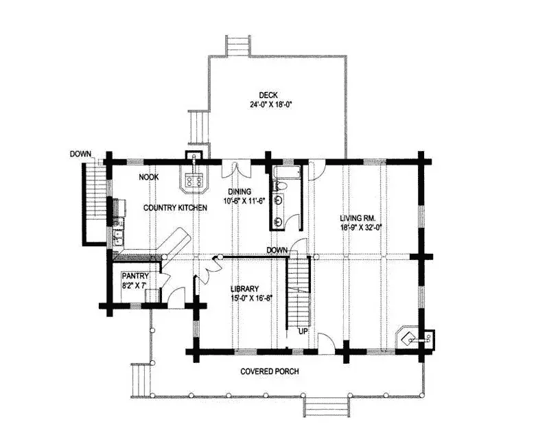 Log Cabin House Plan First Floor - Pawnee Point Luxury Log Home 088D-0019 - Shop House Plans and More
