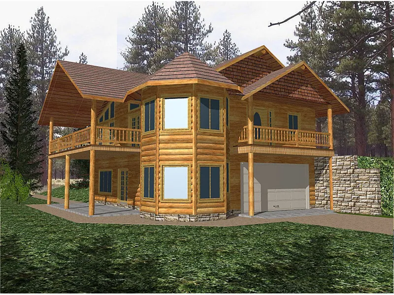 Rustic Two-Story Log Home With Corner Turret 