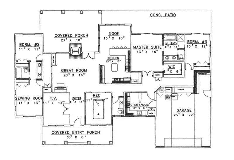 Country House Plan First Floor - Bethesda Park Ranch Home 088D-0221 - Search House Plans and More