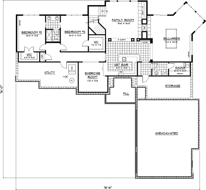 Traditional House Plan Lower Level Floor - Salford Crest Tudor Ranch Home 091D-0412 - Shop House Plans and More