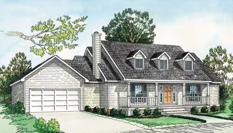 Cape Cod Style Home With Triple Dormers And Covered Front Porch