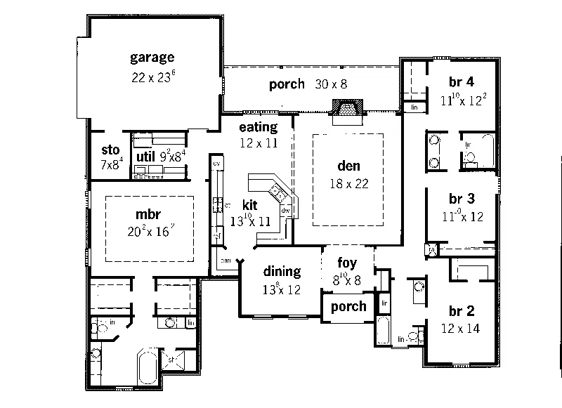 Ranch House Plan First Floor - Labette Country French Home 092D-0209 - Shop House Plans and More
