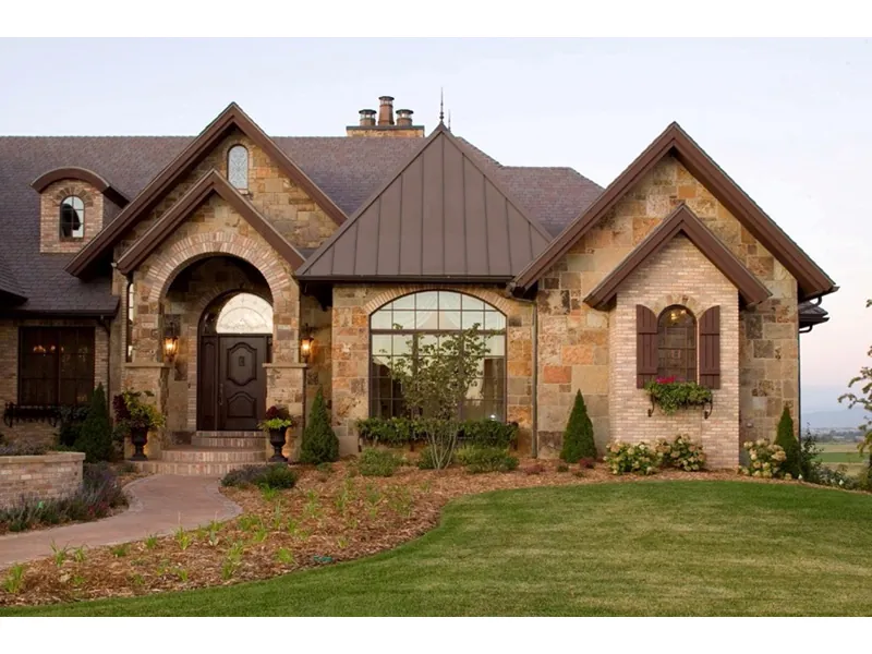 Ranch House Plan Front Photo 01 - Brick and Stone Home 101S-0024 | Stone Exterior Home