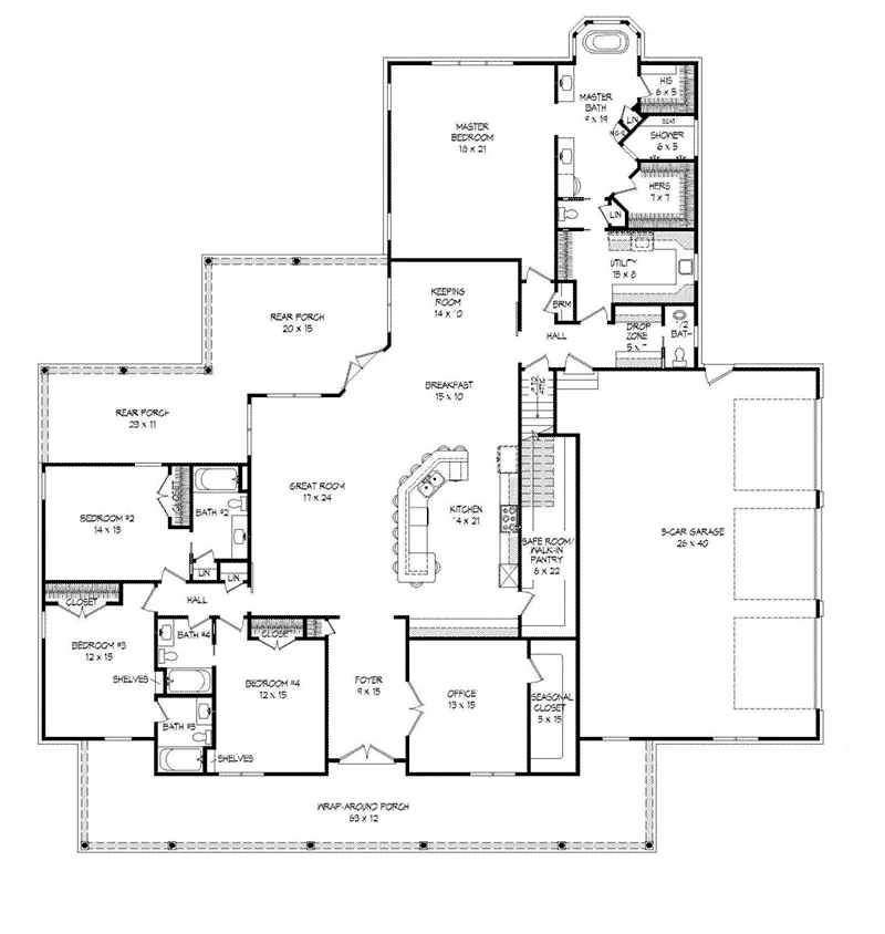 Ranch House Plan First Floor - Thistle Mill Southern Home 141D-0040 - Shop House Plans and More
