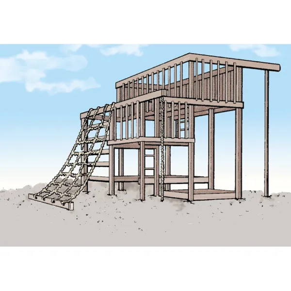 All wood jungle gym with rope climb on side