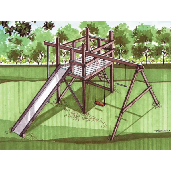 Wood jungle gym swing set with long slide and swing