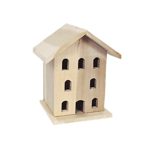 Wood Victorian birdhouse with eight openings across the front