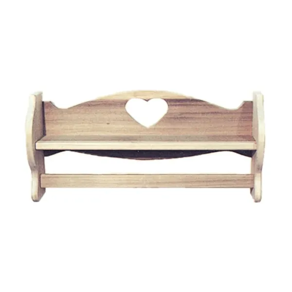 This towel bar with shelf has a heart carved out for charm and is great for any country style bathroom