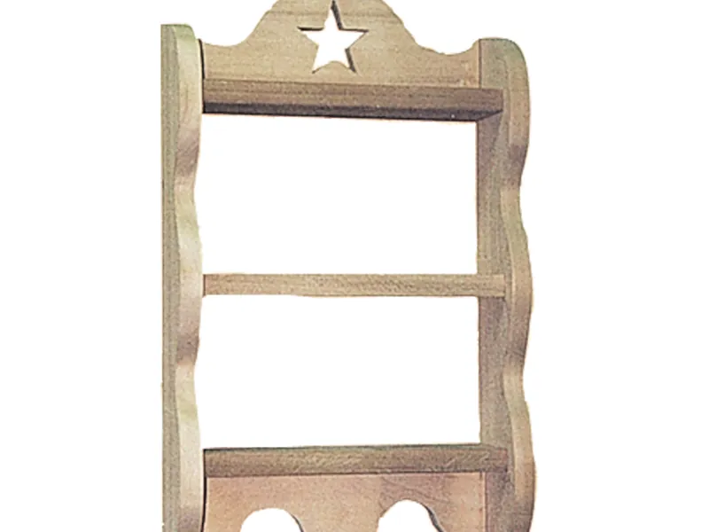 The shelf has a star carved into the top and also features pegs across the bottom