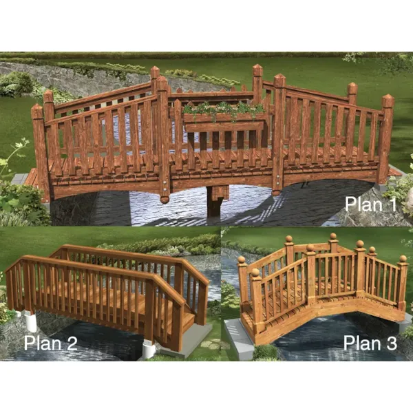 Three styles of bridges provide several ways to add decoration over a creek or backyard stream