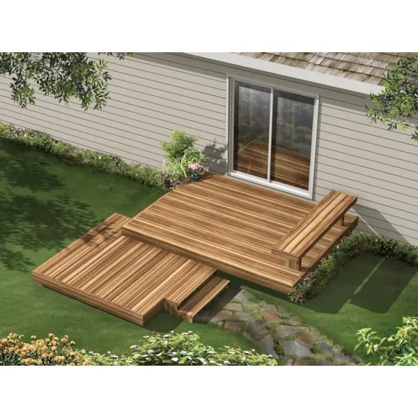 Two-level deck is all wood and includes a built-in bench