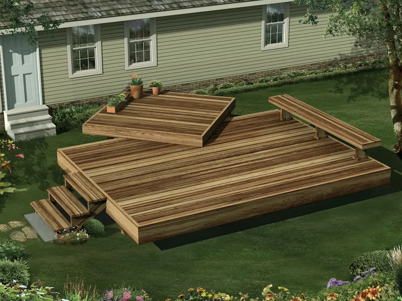 This two-level garden deck includes a built-in bench on one side