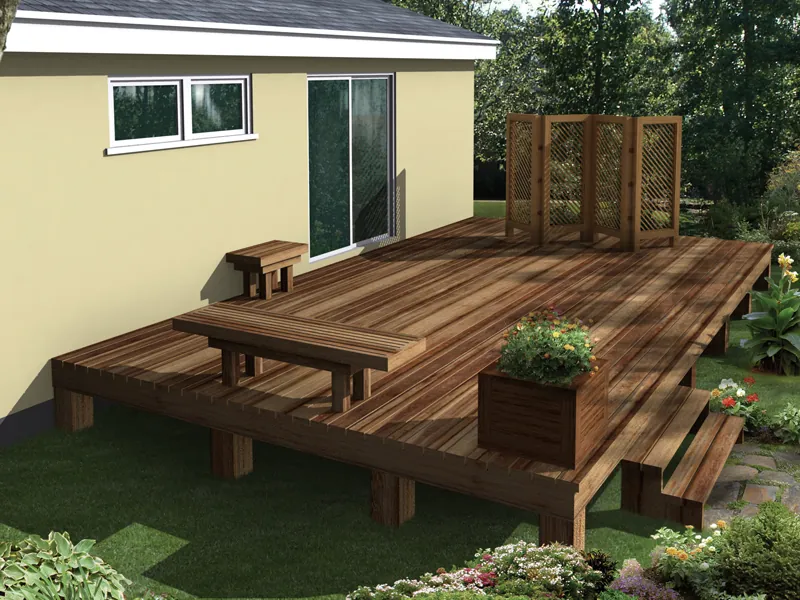 Deck enhancements include a planter box, bench, decorative screen and end table