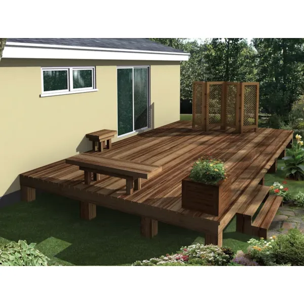 Deck enhancements include a planter box, bench, decorative screen and end table