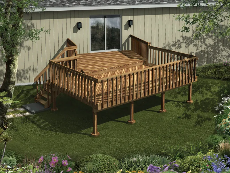 Raised wood deck has two levels for added interest